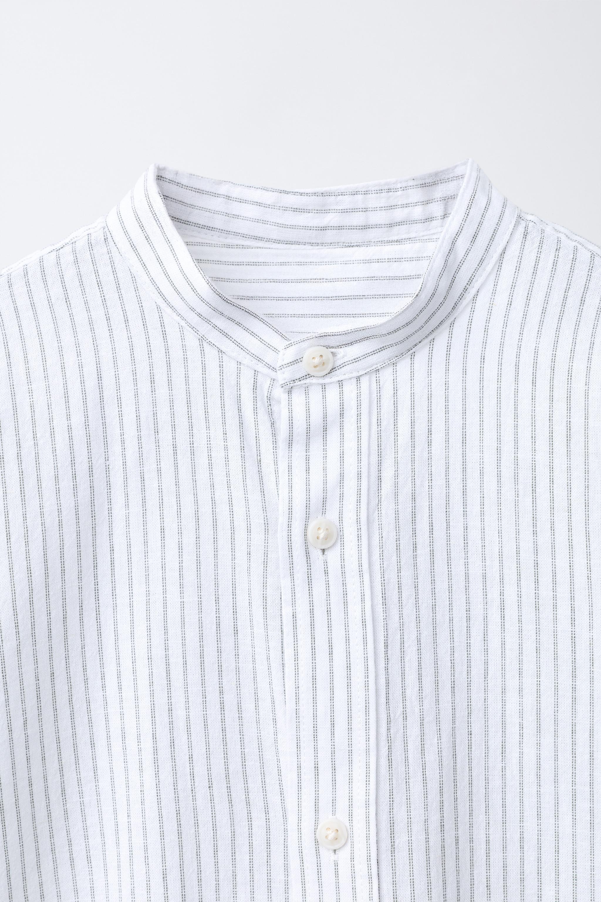 CHEMISE COL MAO À RAYURES COTON ET LIN